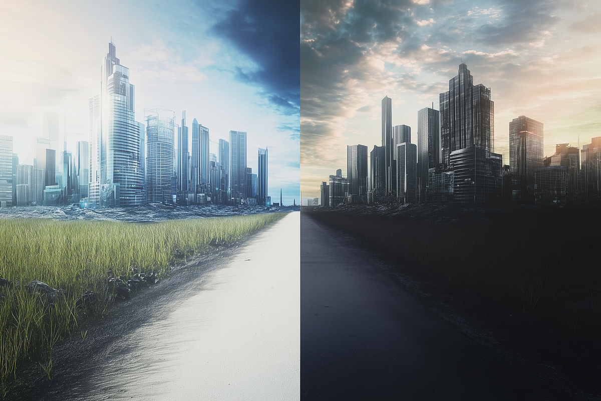 Am image split down the middle on the left side is a bright vibrant path, on the right side is a dark and gloomy run-down city.