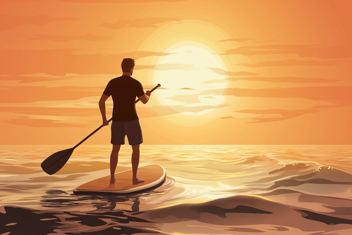 Man on paddle board heading towards a beautfil sunset riding through calm waves.
